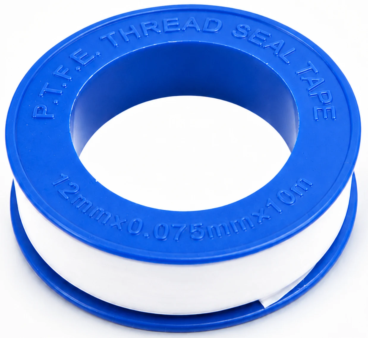 Close-up of a 12mm white PTFE thread seal tape roll with blue spool